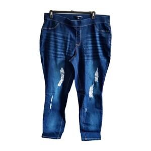 Denim 24/7 Women Plus Size 24W PullOn Stretch Dark Denim Jean Crop Distress Pant